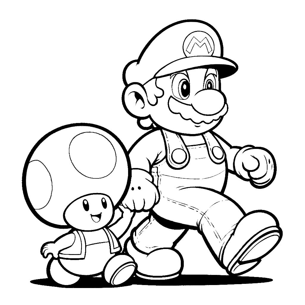 Super Mario Walking with Small Toad 🍄🎮🚶‍♂️ Coloring Page