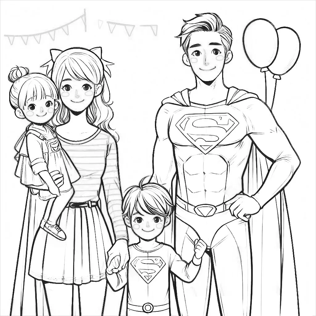 Family of Superheroes with Superman Mother Father and Son Dressed Up for Carnival 🦸‍♂️🦸‍♀️👨‍👩‍👦🎈 Coloring Page