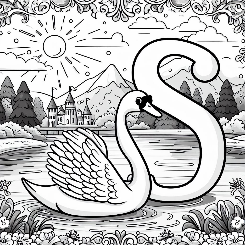 Swan on Lake with S and Castle 🦢🏞️🏰 Coloring Page