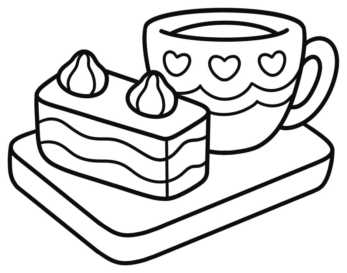 Sweet Cake Slice and Heart Cup 🍰☕❤️ Coloring Page