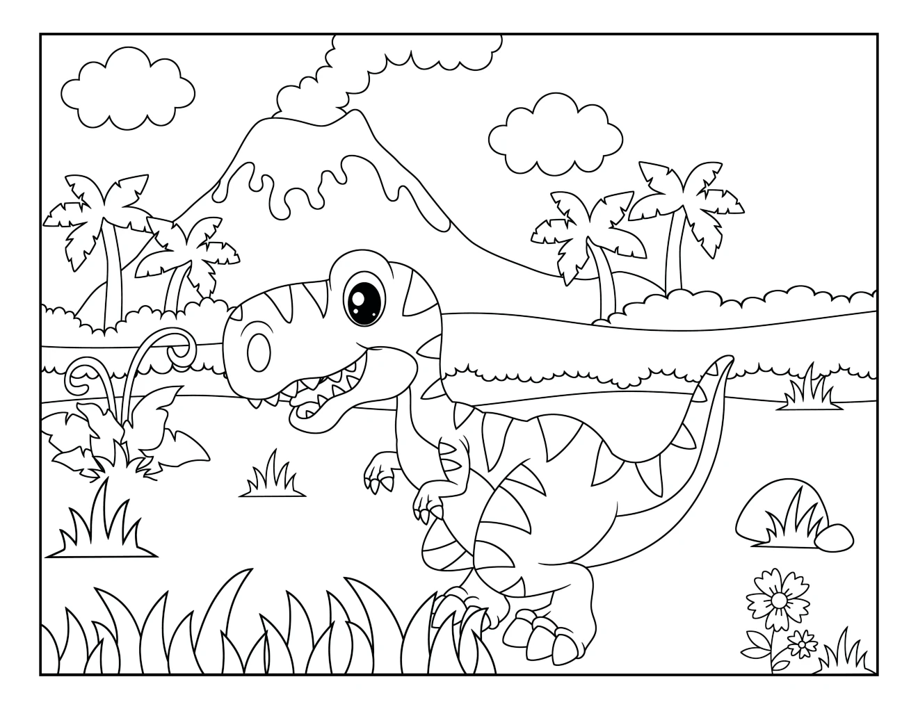 T-Rex Dinosaur Standing in Landscape with Volcano 🦖🌋🌴🌟 Coloring Page