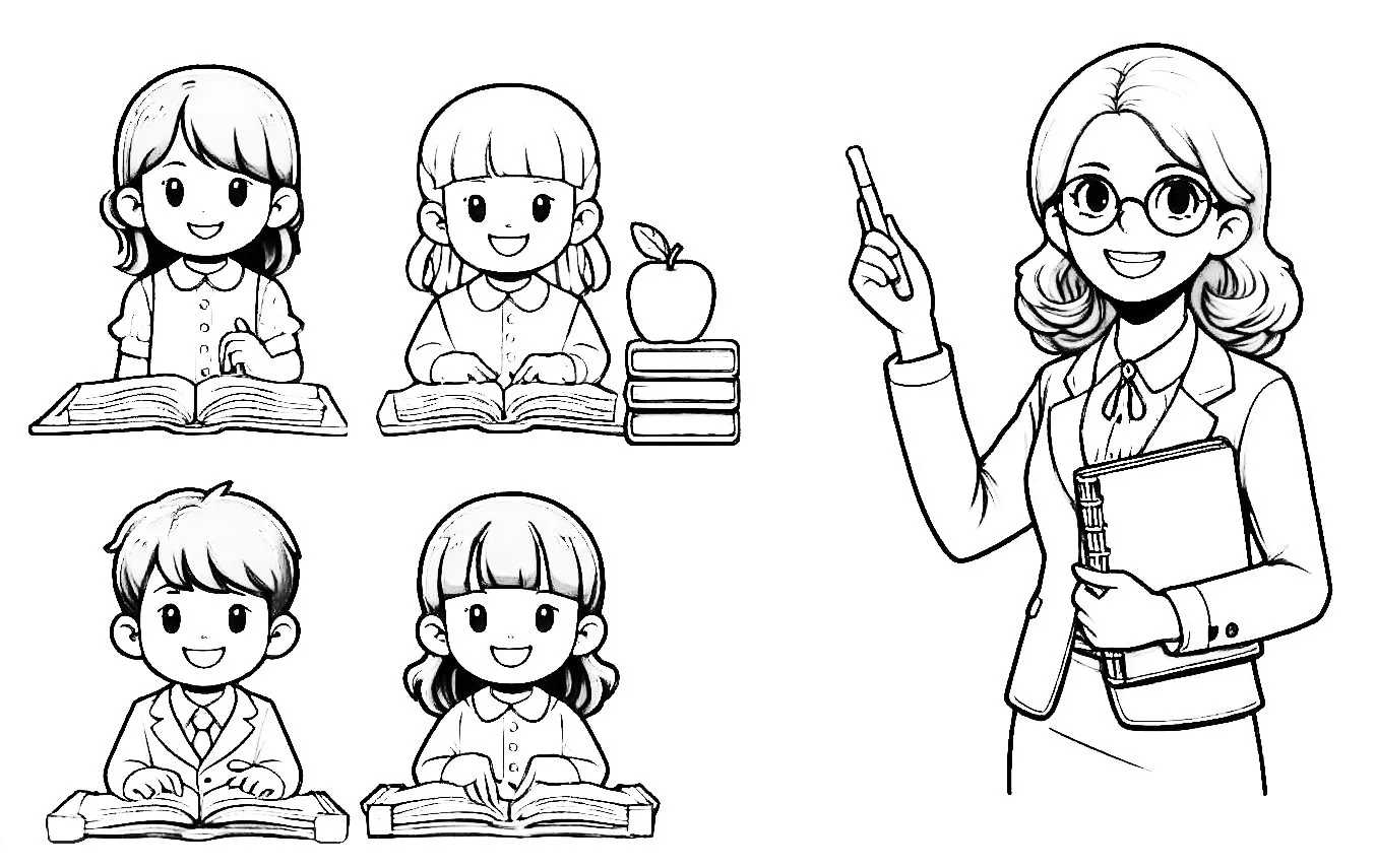 Teacher Teaching 4 Kids 🍏📚👩‍🏫👓 Coloring Page