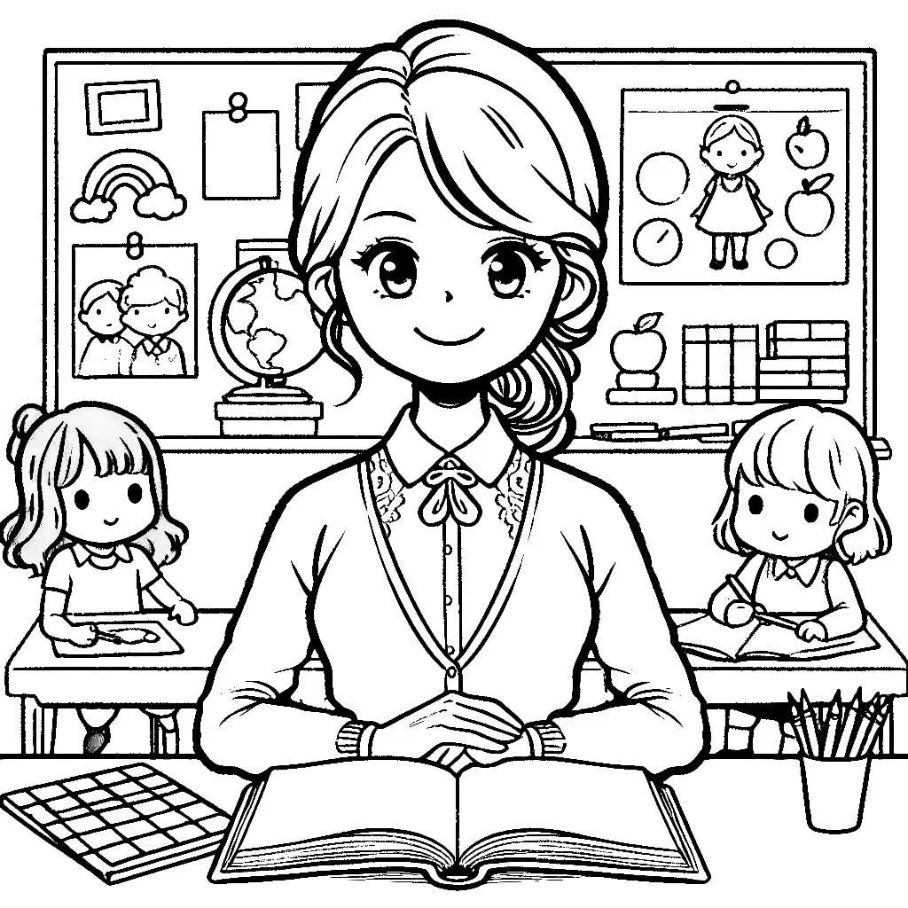 Teacher in Classroom with 2 Kids 📚👩‍🏫📝 Coloring Page