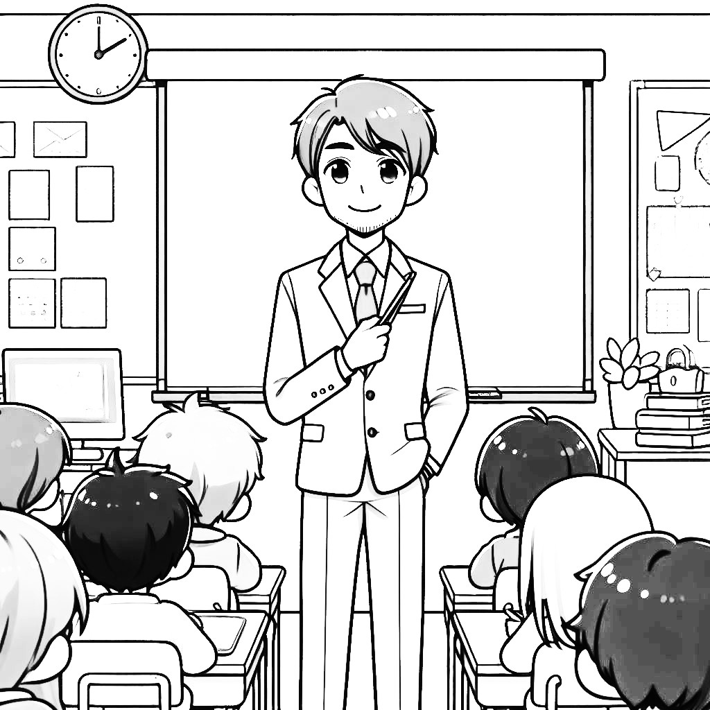 Teacher in Classroom with Kids 📚👨‍🏫👦👧 Coloring Page