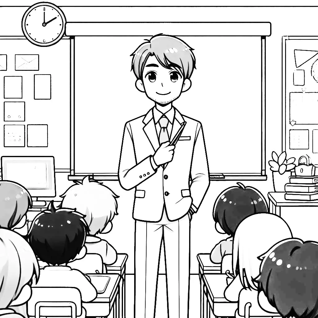 Teacher in Classroom with Kids 📚👨‍🏫👦👧 Coloring Page
