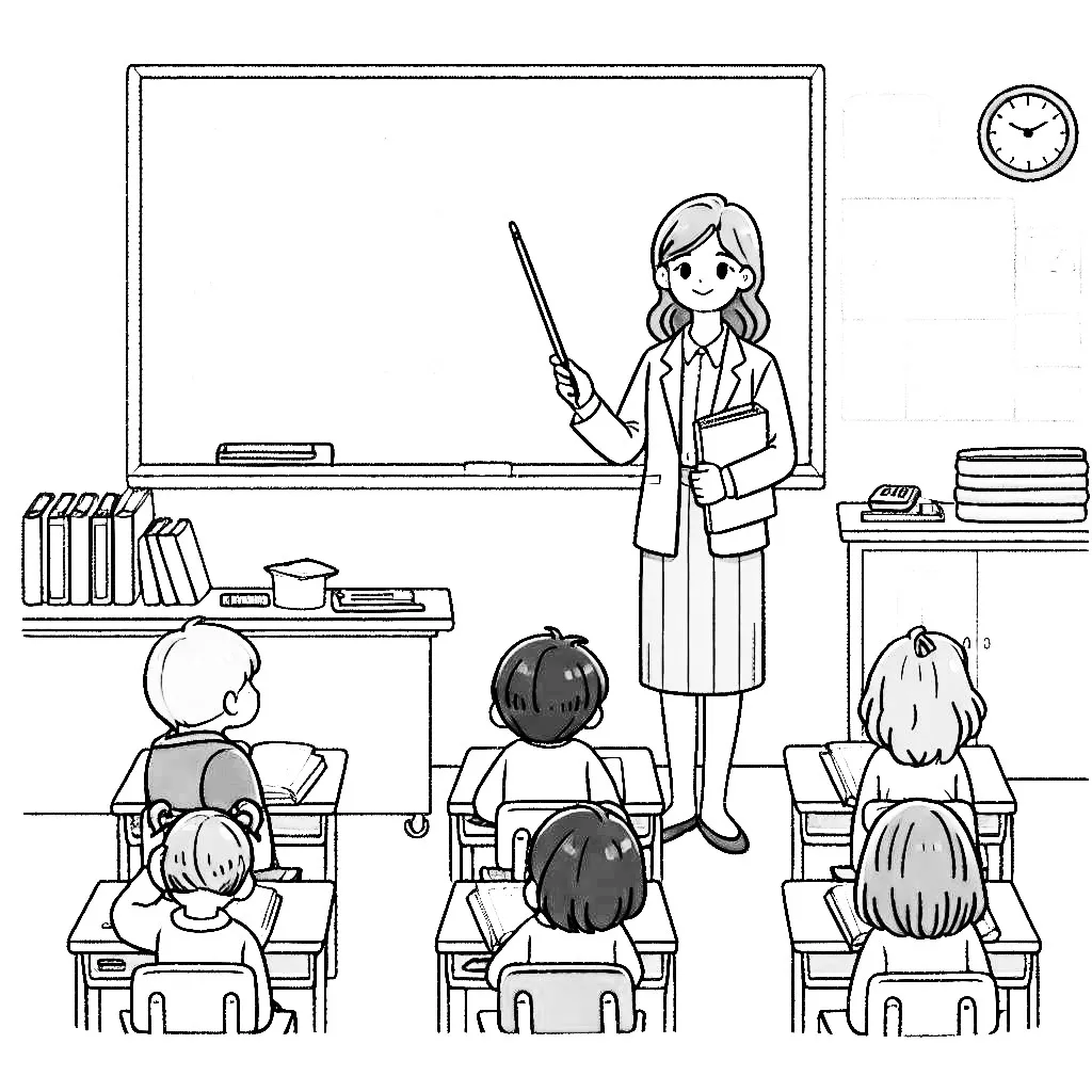 Teacher in Classroom with Kids 🎒📚👩‍🏫 Coloring Page