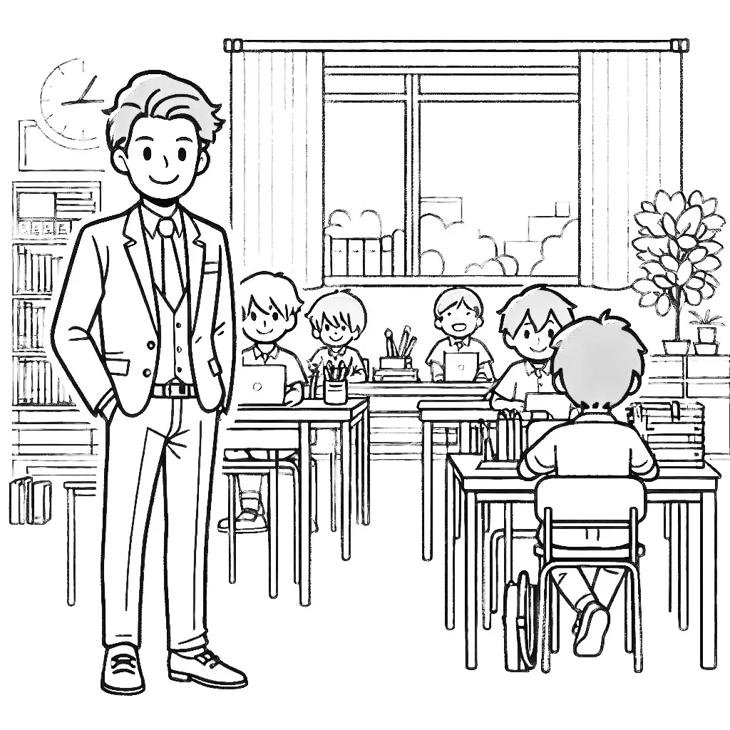 Teacher in Classroom with Kids 📚✏️👨‍🏫 Coloring Page