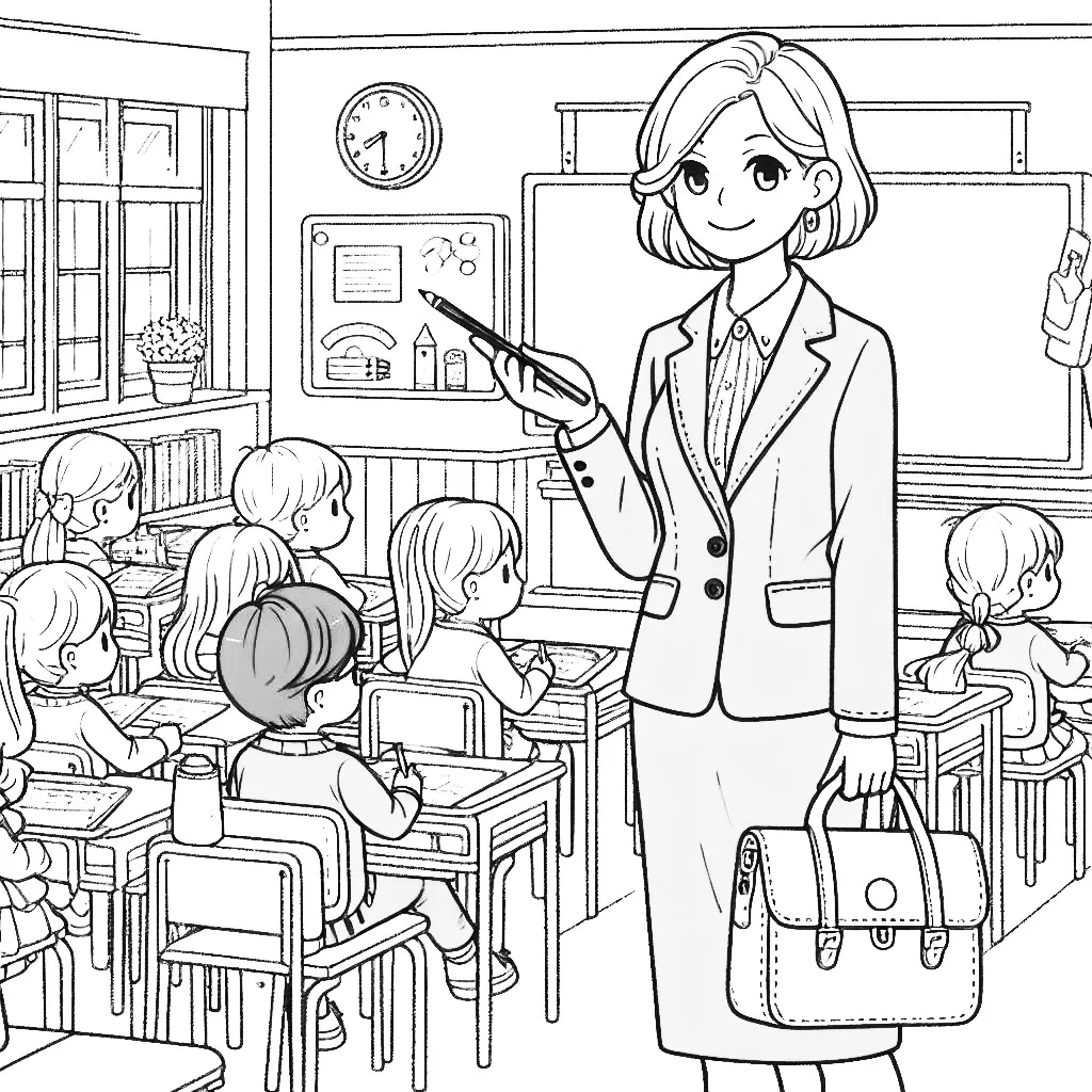 Teacher Pointing Pen and Holding Briefcase in Classroom with Kids  📚🖊️🧳 Coloring Page