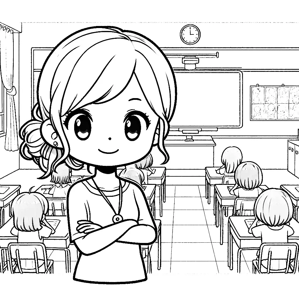 Teacher in Classroom with Kids 📚👩‍🏫👧 Coloring Page