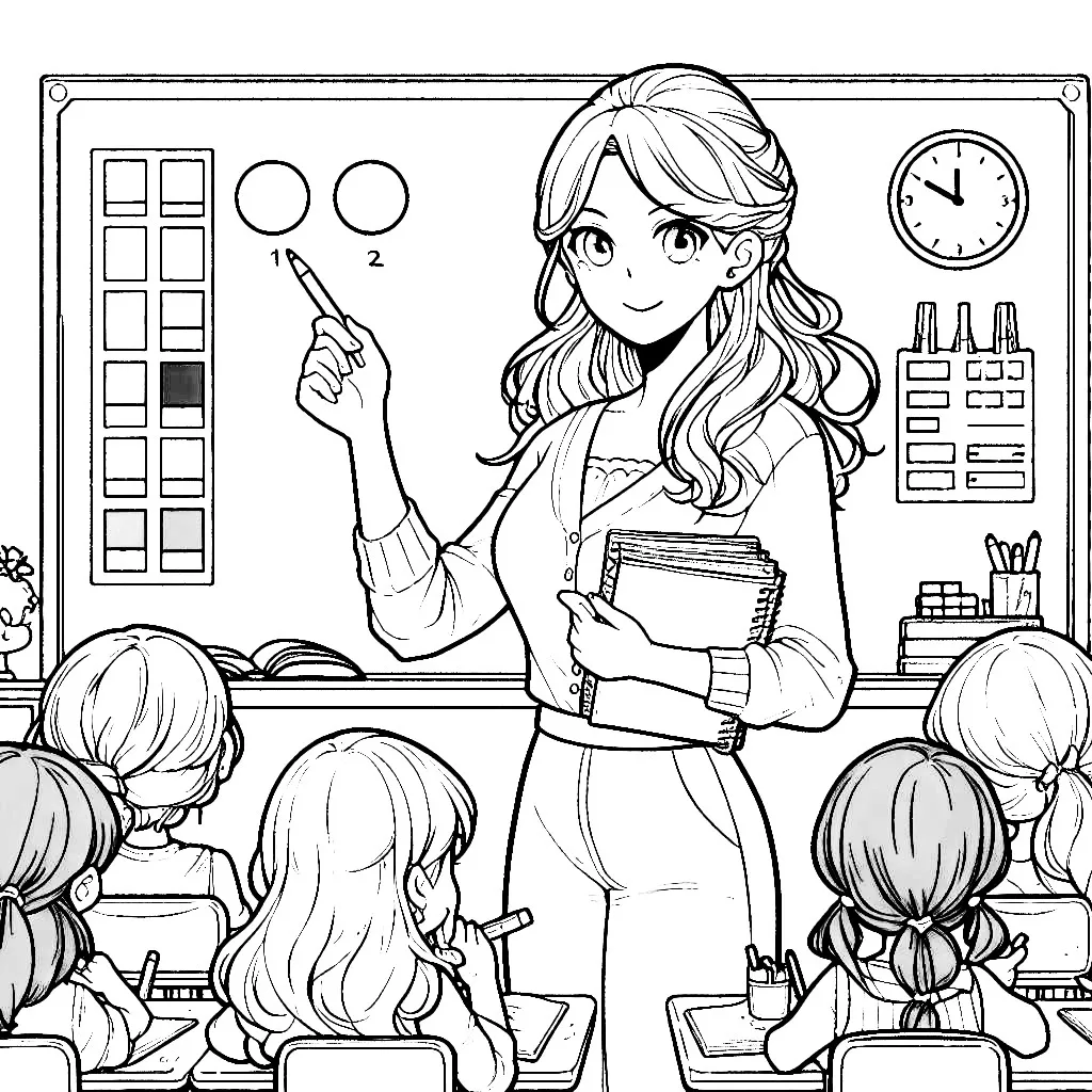 Teacher Pointing at Blackboard in Classroom with Girls Looking at the Board 📚👩‍🏫 📚👩‍🏫 Coloring Page