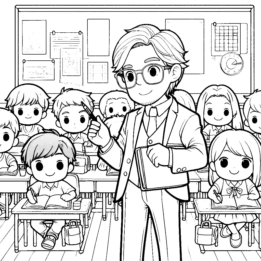 Teacher in Classroom with Kids 🎓📚👩‍🏫 Coloring Page