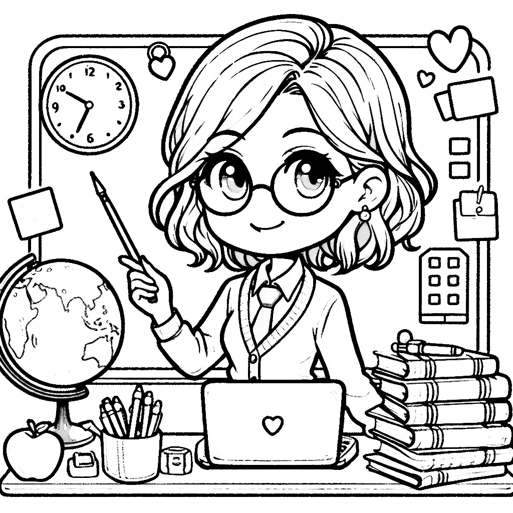 Teacher Pointing with Pencil at Board ✏️🍎⏰🌍📚 Coloring Page