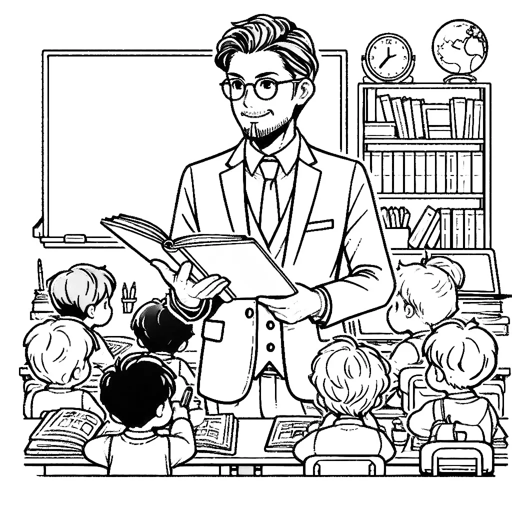 Teacher Reading Book for Kids in Class 📚👨‍🏫👓 Coloring Page
