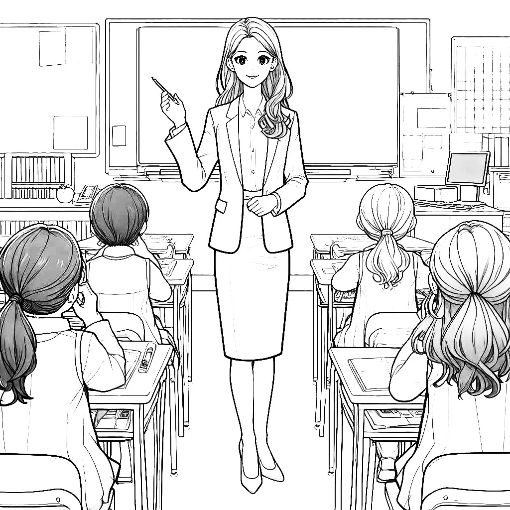Teacher Standing in Classroom with Girls Pointing at Blackboard 📝👩‍🏫👧🖍️ Coloring Page