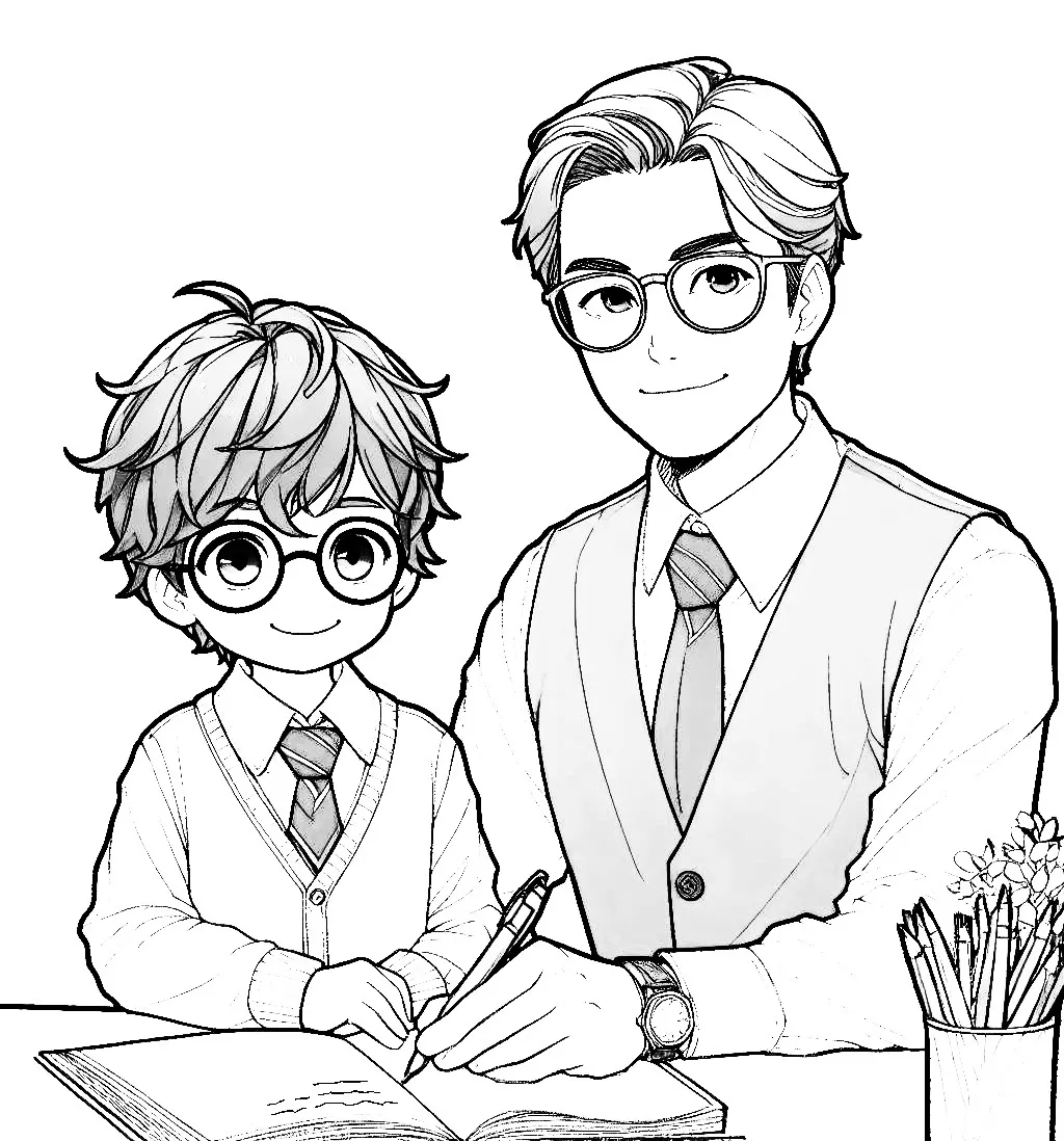 A teacher standing at the front of a classroom, holding a pen and wearing glasses and a tie, is teaching a young boy student. 📝👦👓 Coloring Page