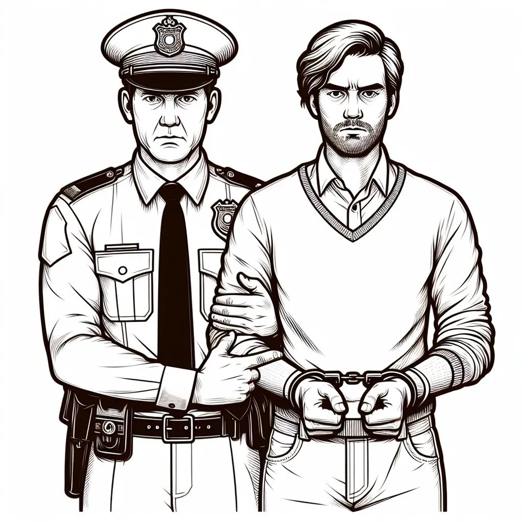 A Thief with Handcuffs held by the arm by a Policeman 👮‍♂️🤝 Coloring Page