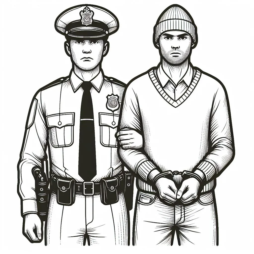 A Thief with Handcuffs held by a Policeman 👮‍♂️🤝 Coloring Page