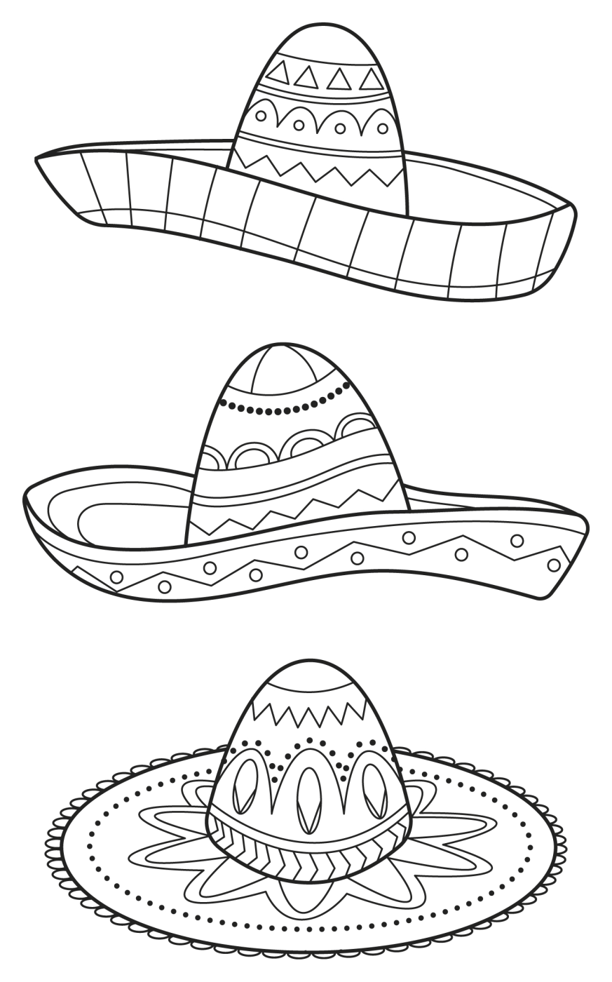 Three Colorful Mexican Hats with Traditional Designs 🎉🇲🇽🎨 Coloring Page