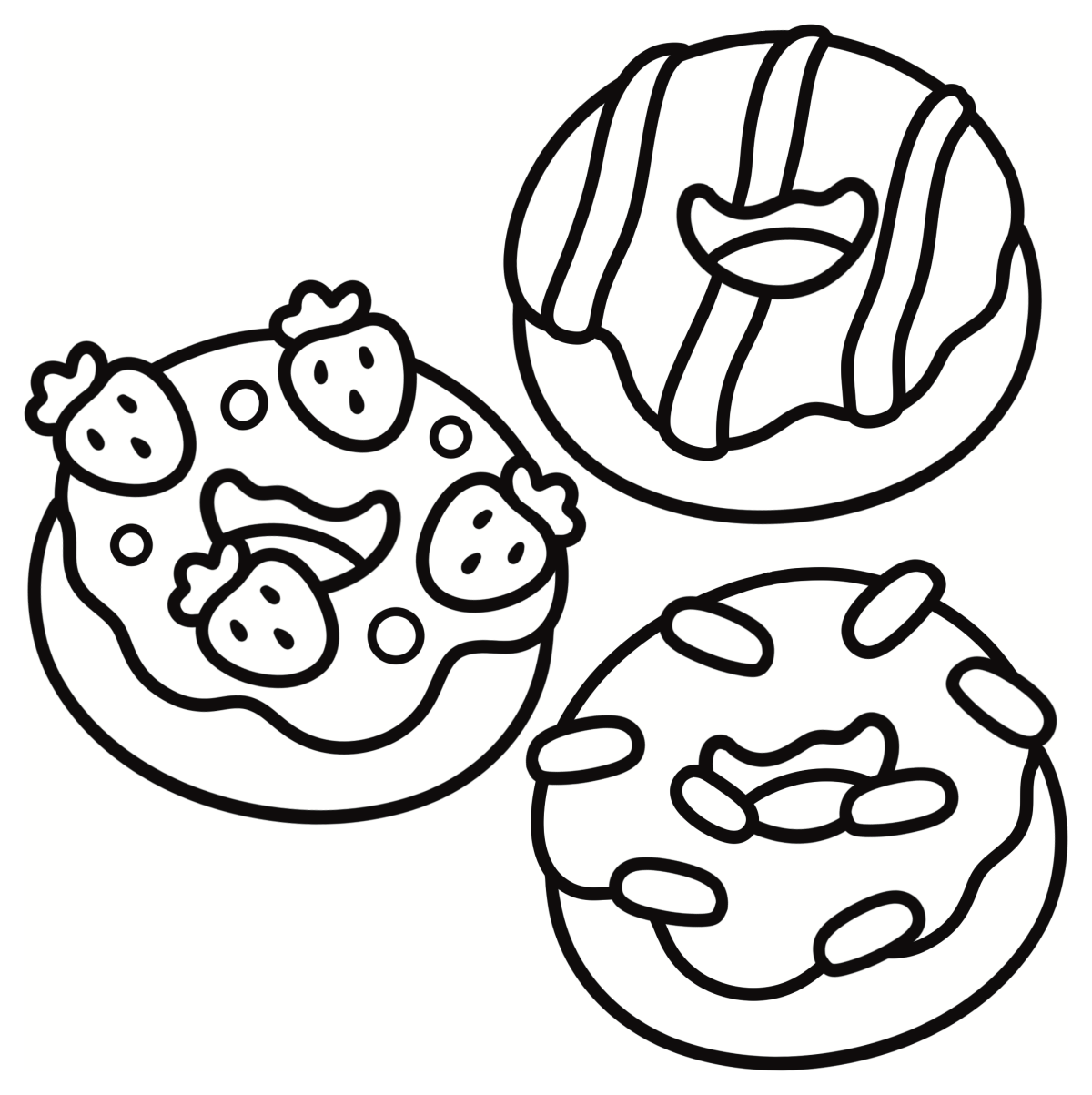 Three Delicious Donuts with Cute Decorations🍩✨🥯 Coloring Page