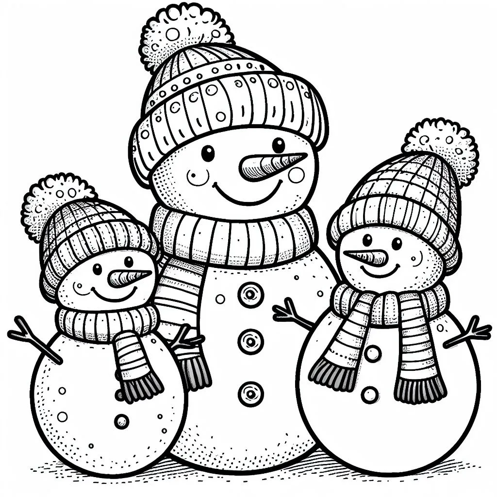 Three Snowmen with Scarf and Hat ❄️🧣🎩 Coloring Page