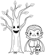 Adorable Kid Dressed as Vampire with Friendly Tree 🧛‍♂️🌳🎃