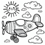 Airplane Flying with Sun and Clouds 🛩️☀️☁️