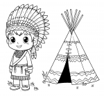 American indian Boy with Feather Headdress Standing Next to Teepee Tent 🌟🌲🏕️