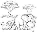 Baby Elephant Holding Mother Elephant by the Tail Walking in African Savannah 🐘👶🏞️ Coloring Page
