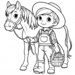 Boy with Hat Holding Horse and Basket of Grass 🐴👦🌾