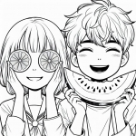 Boy Holding Watermelon Slice in Front of Mouth, Smiling Girl Holding Grape Bunch Behind Mouth 👦🍉😊👧🍇
