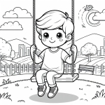 Boy on a Swing with Sun, Trees, Houses, and an Airplane Passing by 👦🏞️🌞🌳🏠🛩️