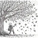 Boy with School Bag at a Tree in Autumn with Falling Leaves 👦🎒🍁