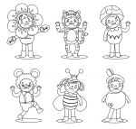 Carnival Kids in Costumes: Flower, Tiger, Mushroom,Mouse, Bee, Apple 🎉🎭👗🐝🐭🍄🍎🐯