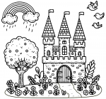 Castle with Rainbow Tree Flowers and Birds 🏰🌈🌸