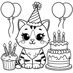 Cat with Birthday Cake Cupcake and Balloons 🎂🐱🎈