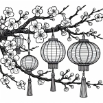 Chinese Lanterns Hanging on a Tree Branch with Blossoms 🏮🌳🌸