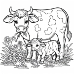 Mother with Baby Calf Eating Grass and Flowers 🐄👶🌱🌸