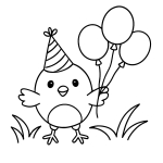 Cute Chick with Party Hat Holding Three Balloons Standing on Grass 🎉🐥🥳🎈🌿