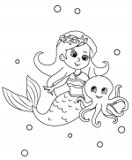 Cute Mermaid with Little Octopus Smiling and Swimming surrounded by Bubbles 🧜‍♀️🐙🌊😊