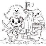 Cute Pirate on Ship with Parrot and Holding Sword 🏴‍☠️🦜⚔️