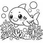 Cute Shark in Sea with Coral and Bubbles 🦈🌊🐠
