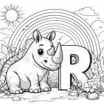 Cute Rhino in Landscape with Letter R, Rainbow and Sun 🦏🌳🌈☀️