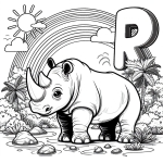 Cute Rhino in Landscape with Letter R, Rainbow and Sun 🦏🌳🌈☀️