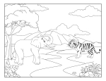 Elephant and Tiger Together in a Lush Green Valley with a Winding River in Between Them, Mountains, and Cloudy Sky 🐘🐅🏞️⛰️
