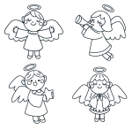 Four Christmas Angel Girls: One Spreading Arms, One Playing Trumpet, One Holding a Star and One Praying 👼🎺⭐🙏