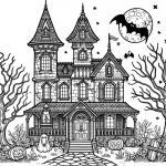 Halloween Haunted House with Moon and Bat 🌕🦇