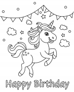 Happy Birthday Unicorn Jumping with Pennant Banners, Clouds and Stars 🌈🦄✨🎉