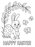 Happy Easter Text with Bunny Standing in front of Flowers and Easter Egg, Butterflies Flying 🐰🌸🥚🦋