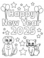 Happy New Year 2025 Dog and Cat with Stars and Balloons 🐾🎈✨🌟