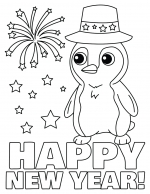 Happy New Year Penguin Wearing Hat, Stars and Fireworks in the Background 🎆🐧✨